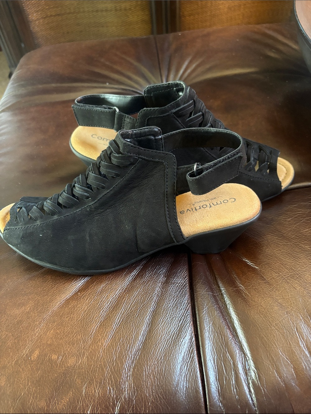 Comfortiva Black Open-Toe Lace-Up Heeled Booties